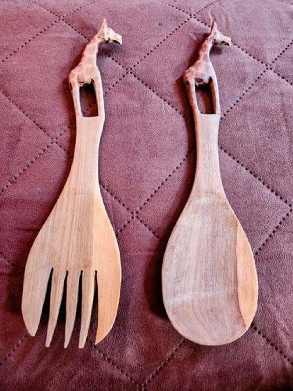 Hand Carved Salad Servers Teak Giraffe Decor